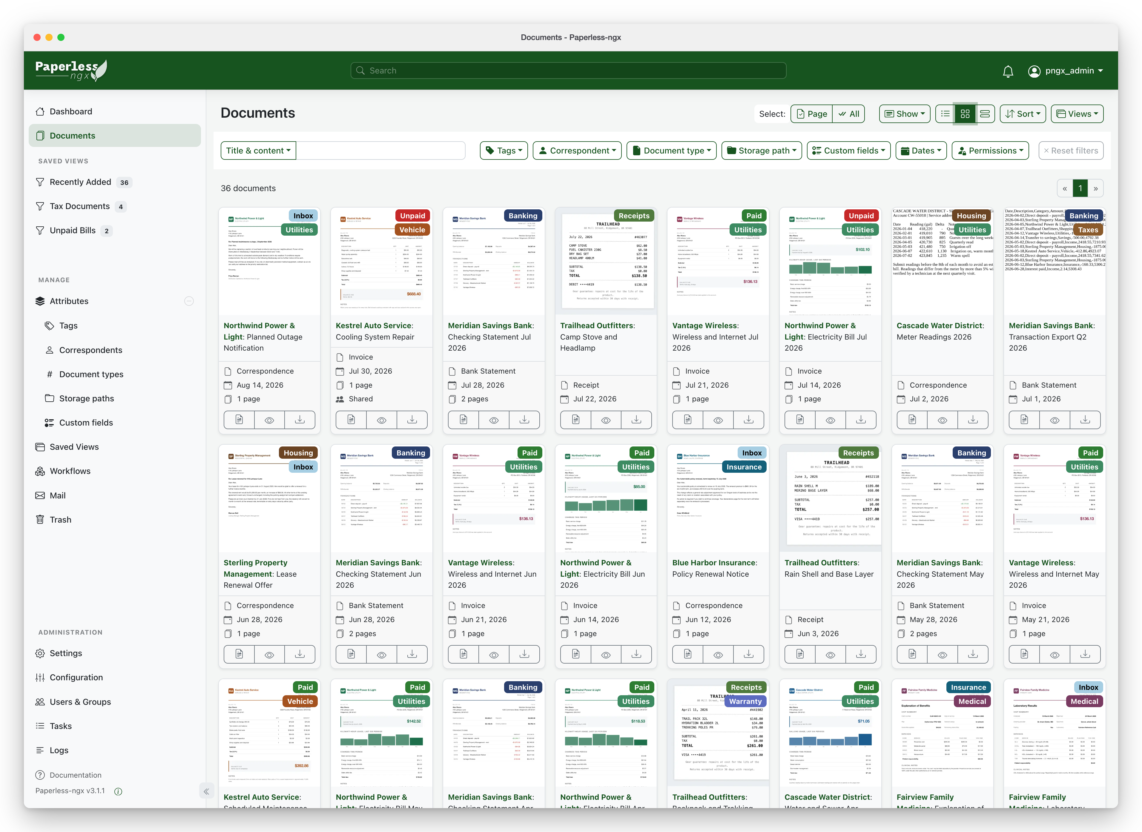 Интерфейс Paperless-ngx: карточки документов, строка поиска и фильтры по меткам, контрагентам и типам