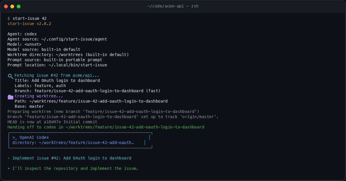 Терминал показывает, как команда start-issue 42 запускает переход от GitHub issue к ветке, worktree и coding-агенту