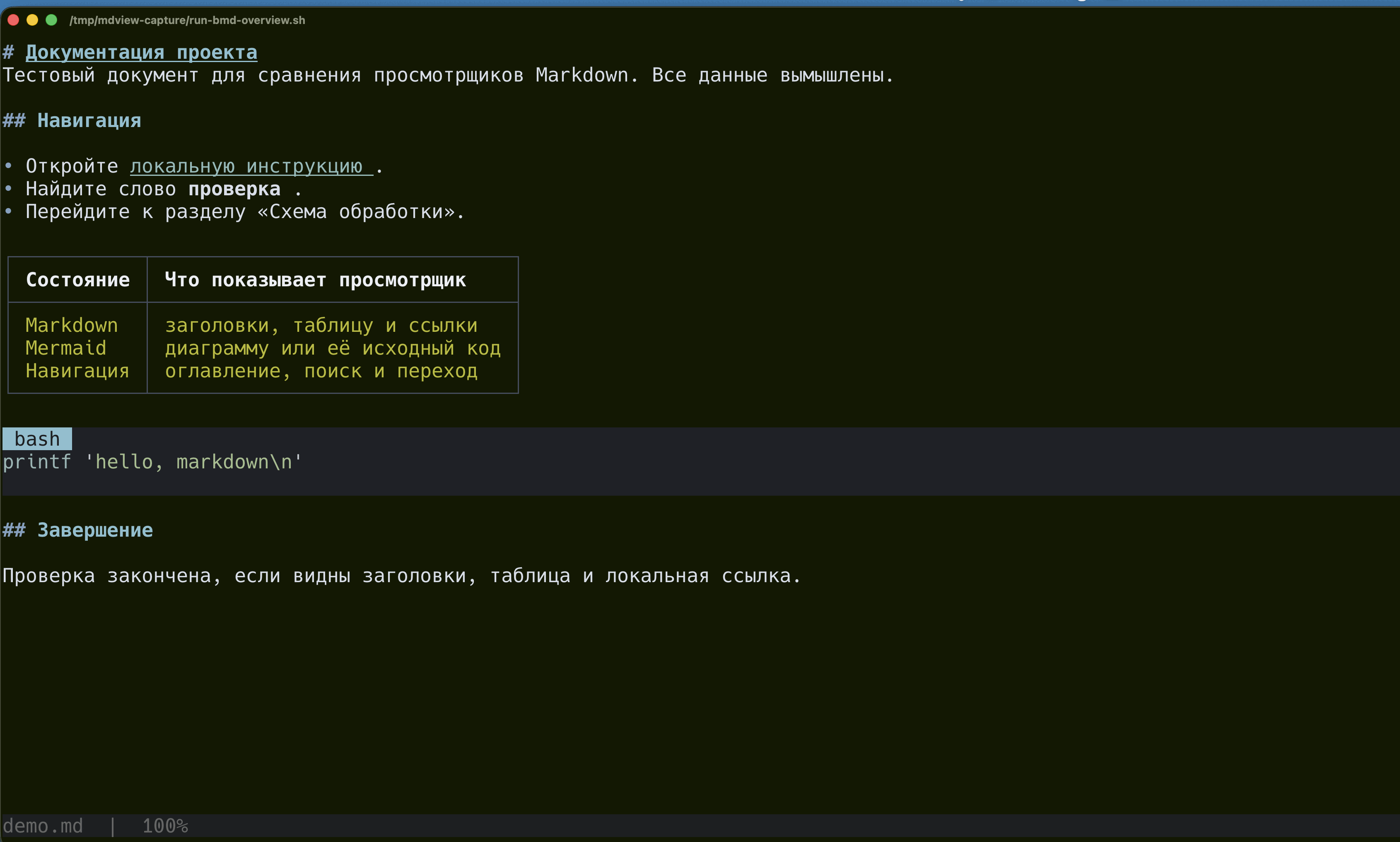 bmd в Ghostty: Markdown, таблица и ссылка