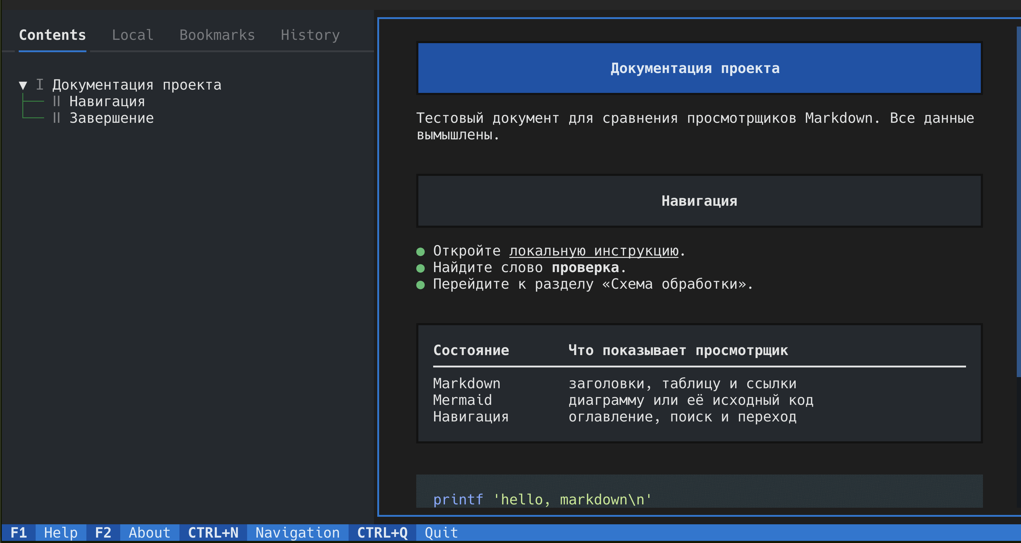 Frogmouth: боковая панель Contents с деревом заголовков
