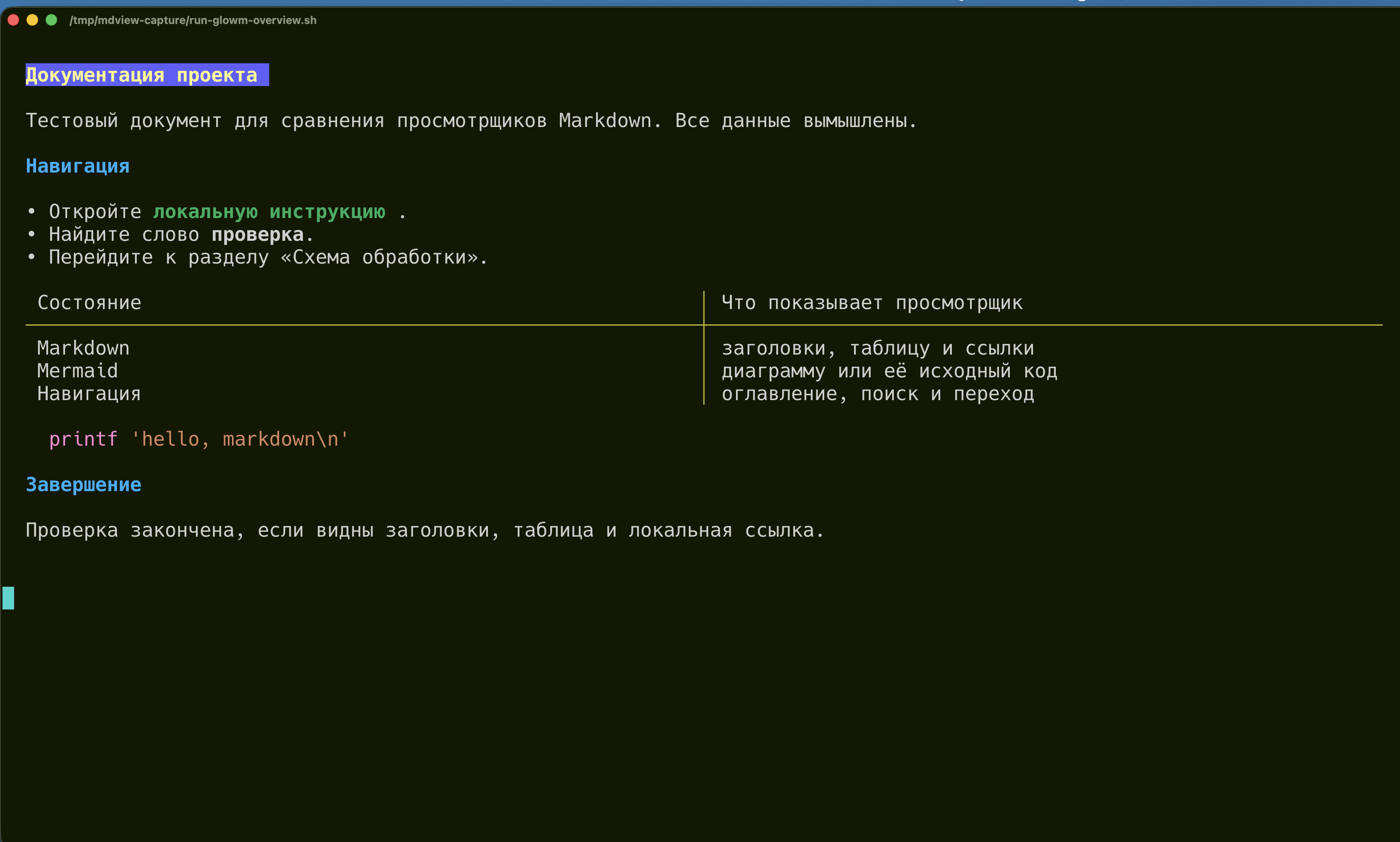 glowm в Ghostty: обычный Markdown, таблица и ссылка