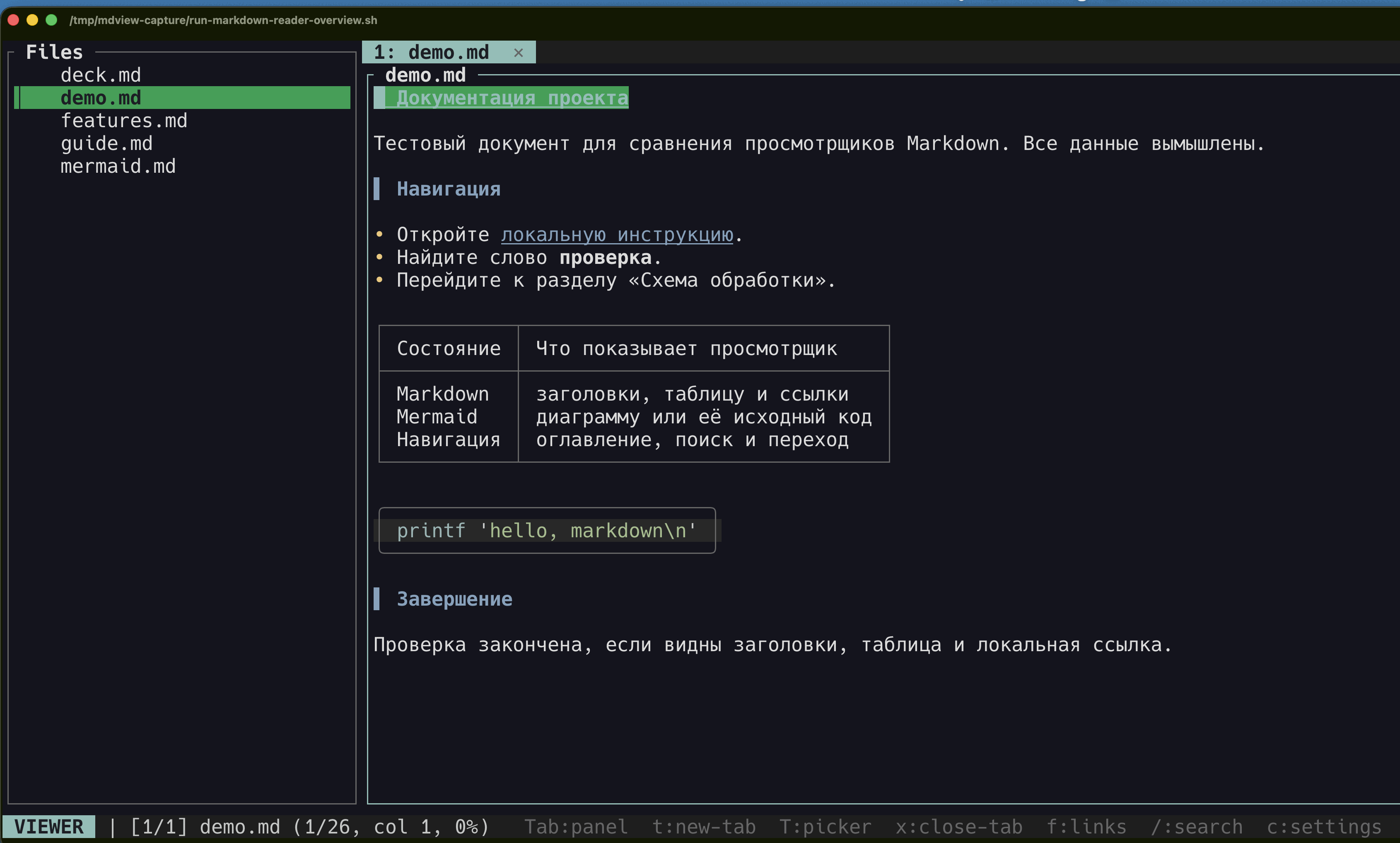 markdown-reader в Ghostty: Дерево файлов и документ