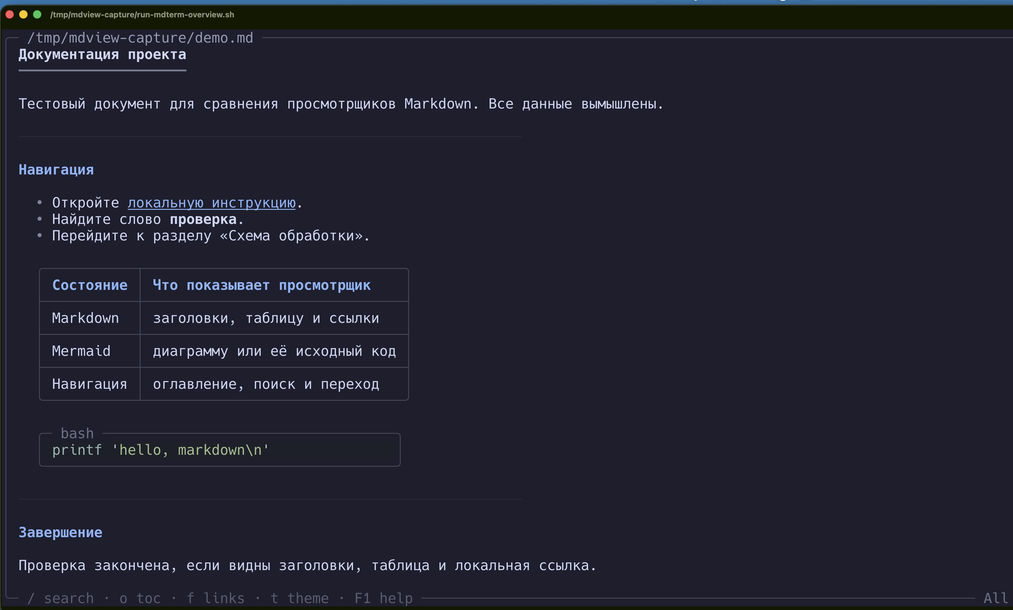 mdterm в Ghostty: Чтение документа в TUI