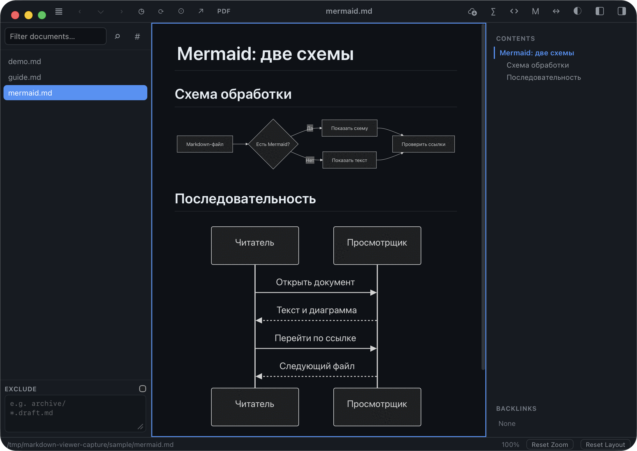Тёмная тема mdv: flowchart и sequenceDiagram нарисованы в документе